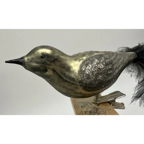 3 Blown Glass Bird Clip On Ornaments Feather Tails Gold & Black Glitter Vintage - Picture 16 of 16